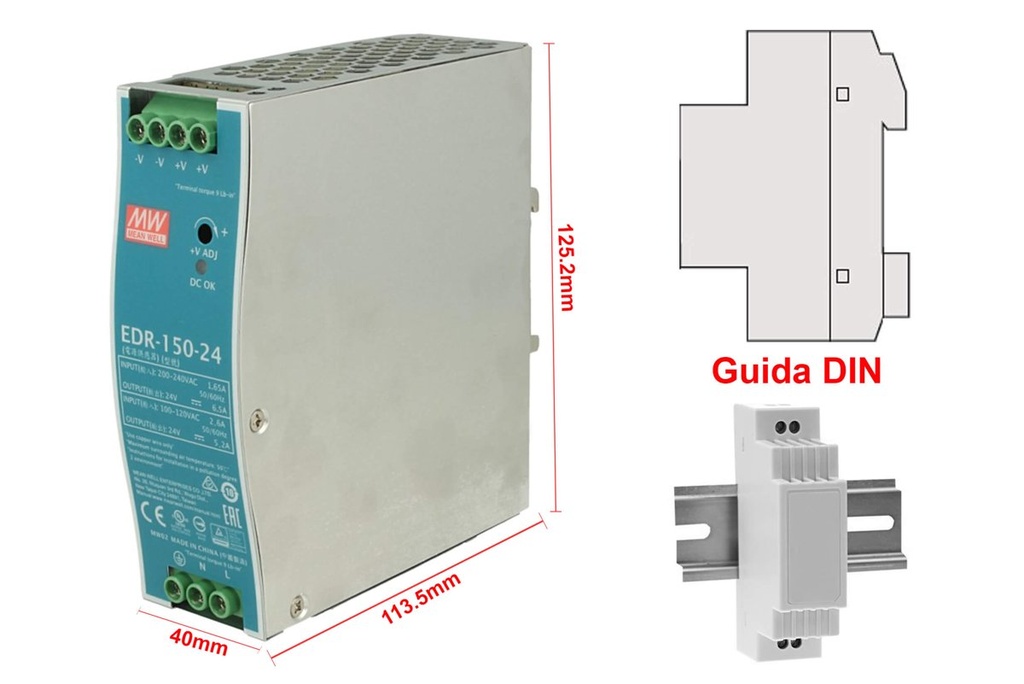 MeanWell EDR-150-24 Trasformatore Rotaia Industriale 24V 156W 6,5A Barra Guida DIN Rail Power Supply Universale