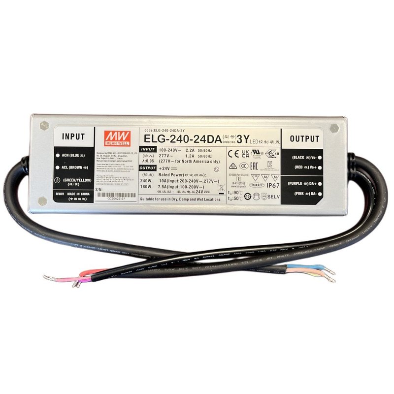 MeanWell ELG-240-24DA-3Y Alimentatore Dimmerabile DALI IP67 240W 24V 10A Input 220V e 110V