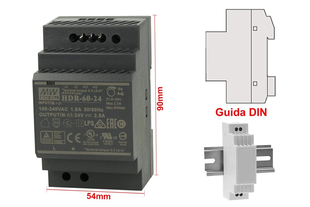 MeanWell HDR-60-24 Trasformatore Rotaia Industriale 24V 60W Barra Guida DIN Rail Power Supply Universale