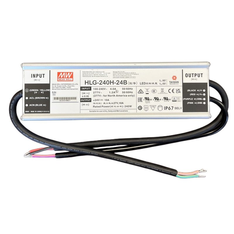 MeanWell HLG-240H-24B Alimentatore IP67 240W 24V 10A Dimmerabile 1-10V PWM Input 220V e 110V