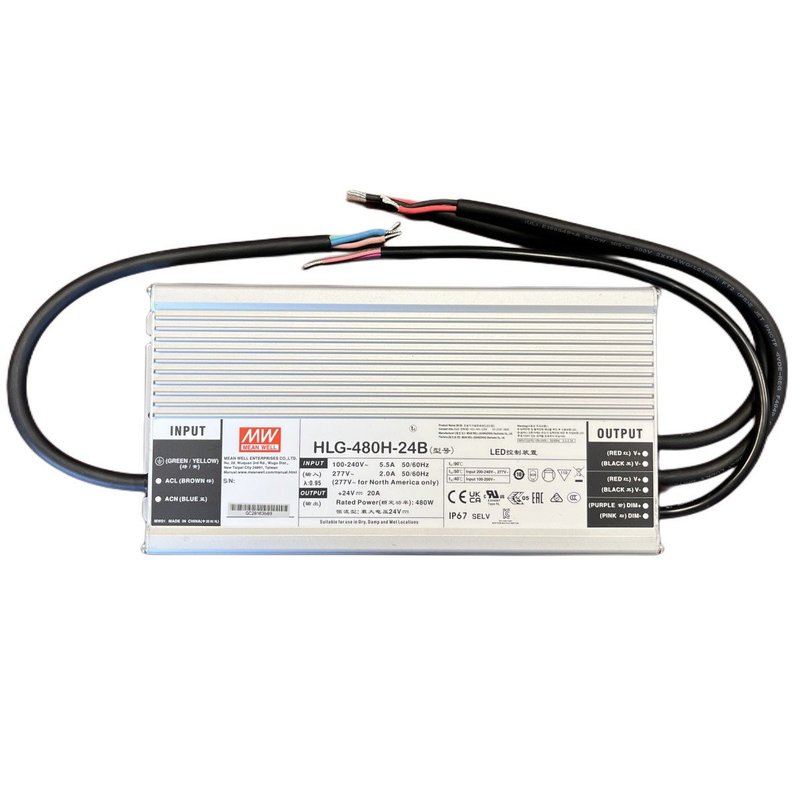 MeanWell HLG-480H-24B Alimentatore IP67 480W 24V 20A Dimmerabile 1-10V PWM Input 220V e 110V