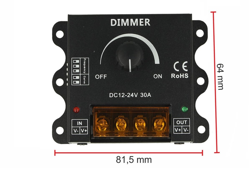 Led Dimmer PWM Manuale Con Rotella Frequenza e Curva Regolabile 12V 24V 30A DM110