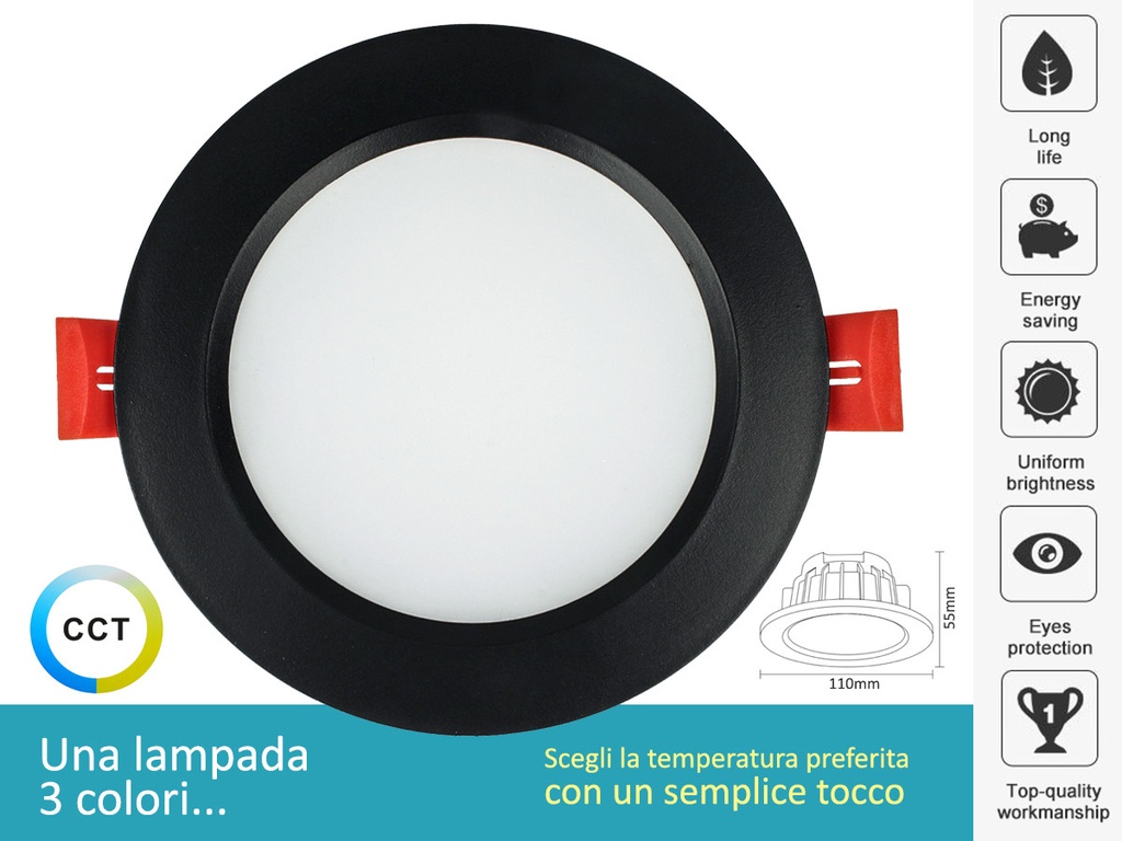 Lampada Faretto Led Da Incasso 10W CCT Dimmerabile Carcassa Nera 2700K 4000K 6000K 3 In 1 Diametro 110mm