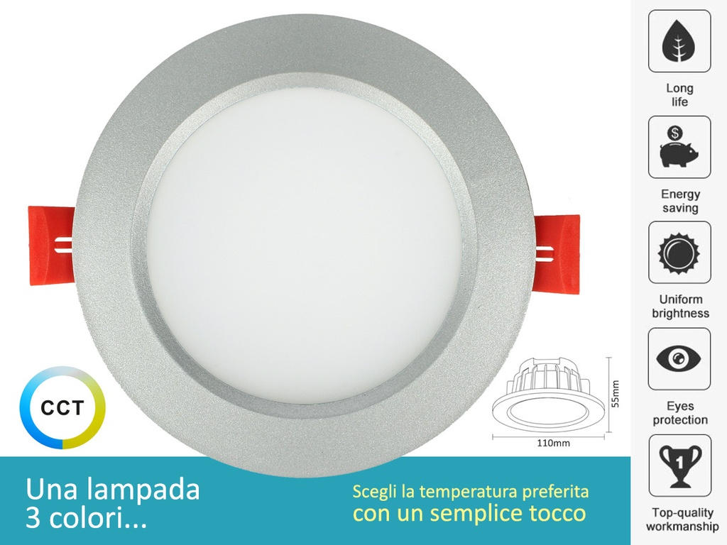 Lampada Faretto Led Da Incasso 10W CCT Dimmerabile Carcassa Grigio Argento 2700K 4000K 6000K 3 In 1 Diametro 110mm