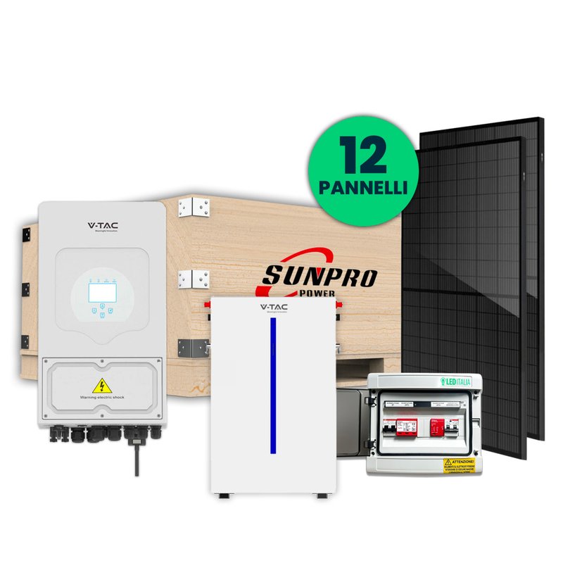 KIT Fotovoltaico Monofase Completo 5KW Con 12 Moduli 410W, Batteria di Accumulo 6.14kWh, Inverter Ibrido 5kW, Quadro AC/DC Monofase 5kW 1 Stringa 1 MPPT