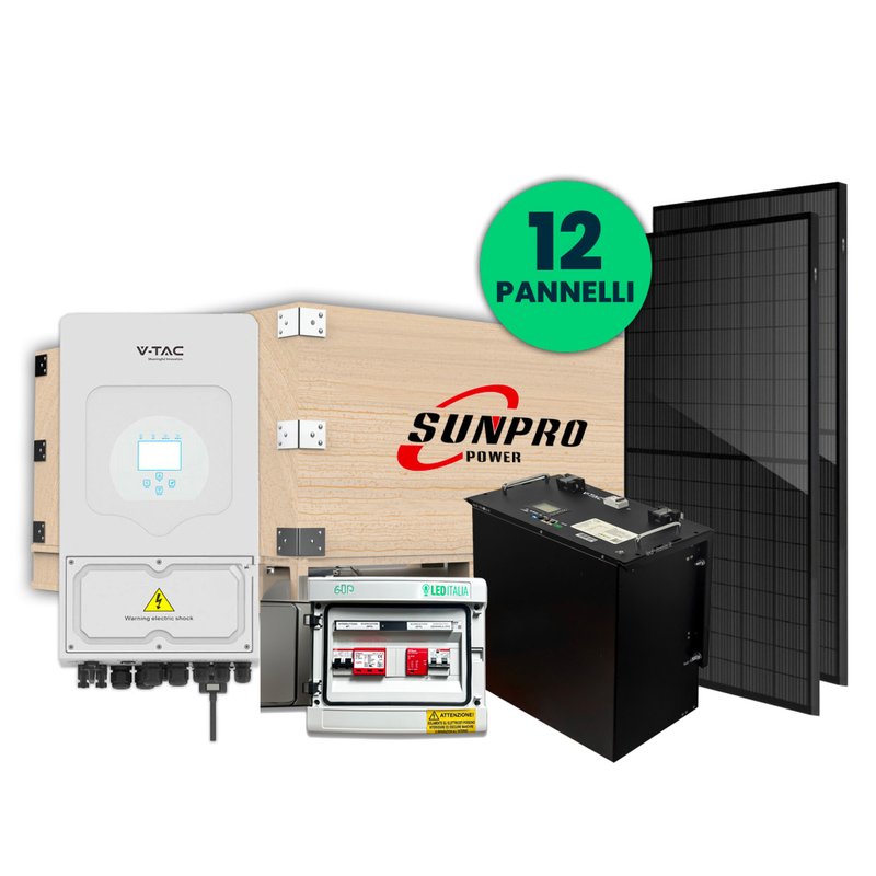 KIT Fotovoltaico Monofase Completo 5KW Con 12 Moduli 410W Batteria 10KWh, Batteria di Accumulo 9.6kWh, Inverter Ibrido 5kW, Quadro AC/DC Monofase 5kW 1 Stringa 1 MPPT