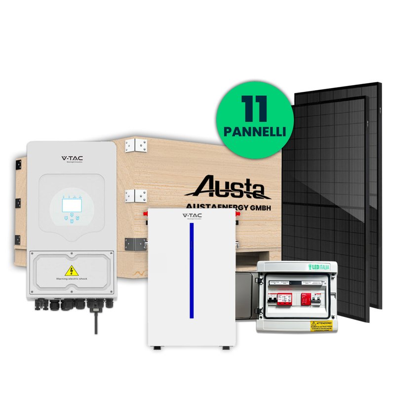 KIT Fotovoltaico Monofase Completo 5KW Con 11 Moduli 450W, Batteria di Accumulo 6.14kWh, Inverter Ibrido 5kW, Quadro AC/DC Monofase 5kW 1 Stringa 1 MPPT