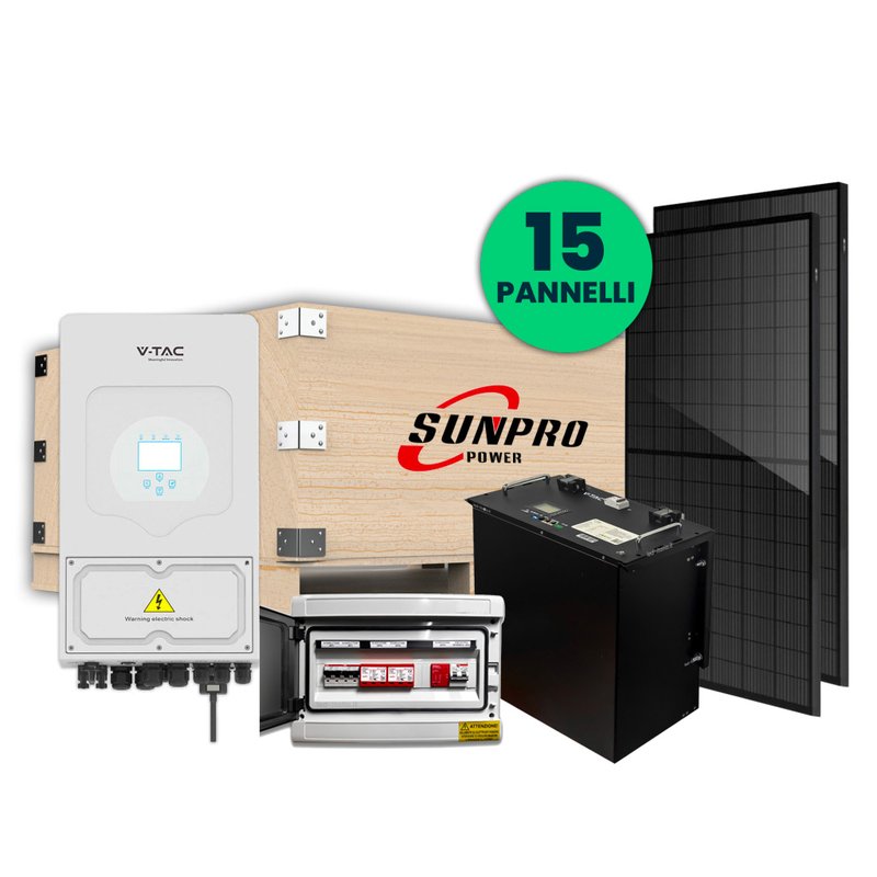 KIT Fotovoltaico Monofase Completo 6KW Con 15 Moduli 410W Batteria 10KWh, Batteria di Accumulo 9.6kWh, Inverter Ibrido 6kW, Quadro AC/DC Monofase 6kW 2 Stringhe 2 MPPT