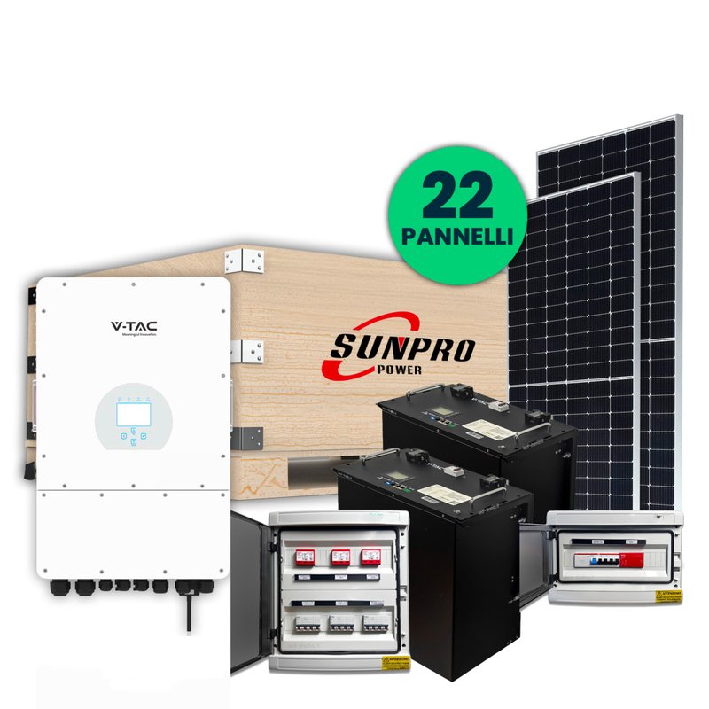 KIT Fotovoltaico Trifase Completo 10KW Con 22 Moduli 460W, Batteria di Accumulo 20kWh, Inverter Trifase Ibrido 10kW, Quadro AC + Quadro DC 10KW da Trifase