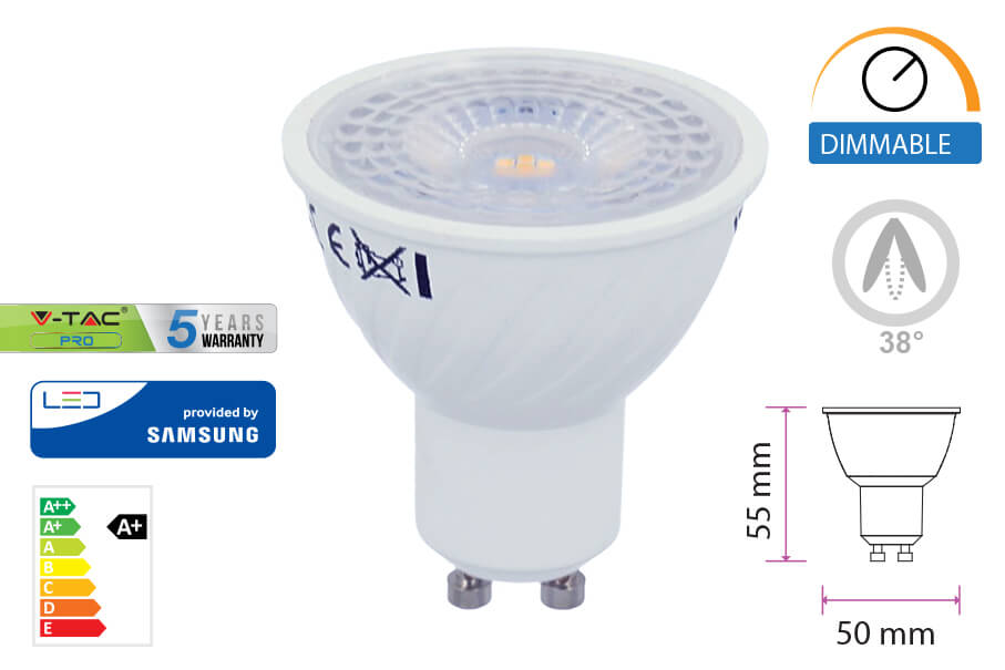 Lampada Led GU10 Dimmerabile 6,5W 38 Gradi 220V Bianco Caldo 3000K Chip Samsung Garanzia 5 Anni SKU-21195