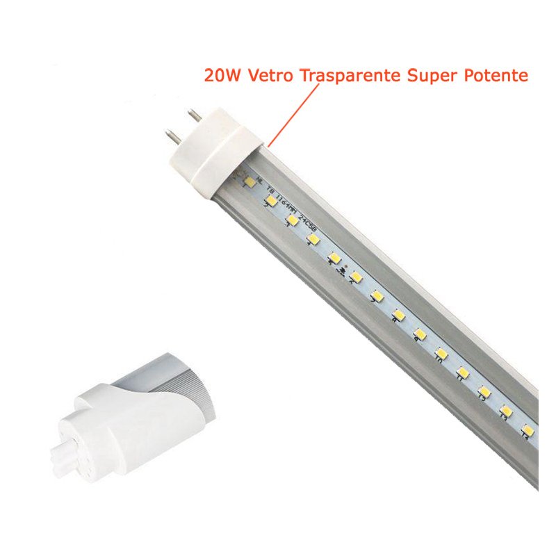 Tubo Led T8 G13 120cm 20W Bianco Freddo 6000K Con Vetro Trasparente Super Potente