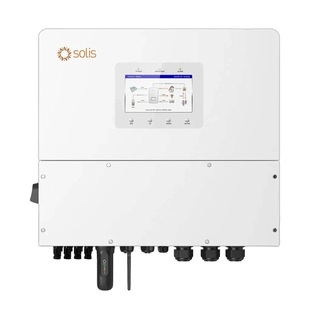 Inverter Fotovoltaico Alta Tensione Solis Trifase Ibrido On-Grid/Off-Grid 20kW, Quadruplo MPPT, CEI 0-21, Schermo LCD, Meter e TA Inclusi, Garanzia 10 Anni IP66