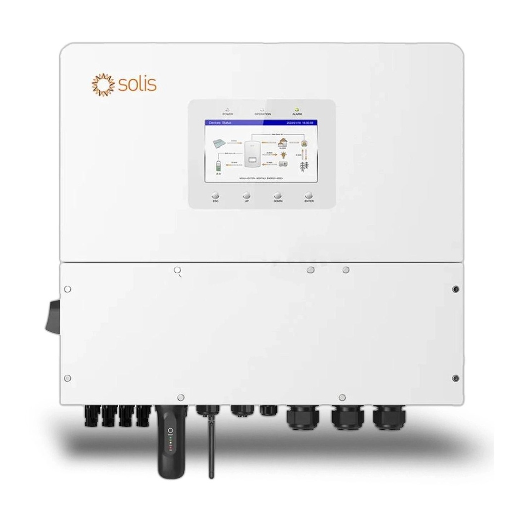 Inverter Fotovoltaico Alta Tensione Solis Trifase Ibrido On-Grid/Off-Grid 12kW, Quadruplo MPPT, CEI 0-21, Schermo LCD, Meter e TA Inclusi, Garanzia 10 Anni IP66