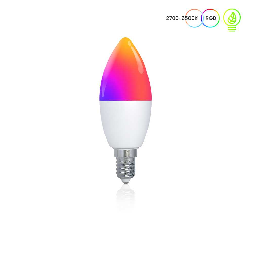 Lampada Led Matter E14 RGB+CW Matter WIFI 2.4G TUYA, Smart Life,Apple Home, Google Home, Alexa, Samsung SmartThings AC 90-250V 50/60HZ 6W 37X106mm IP20 CE MU11406