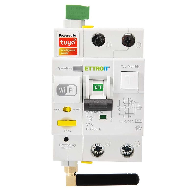 Interruttore Magnetotermico Differenziale Smart WIFI 1P+N 16A 230V/400V App TUYA Occupa 3 Moduli DIN