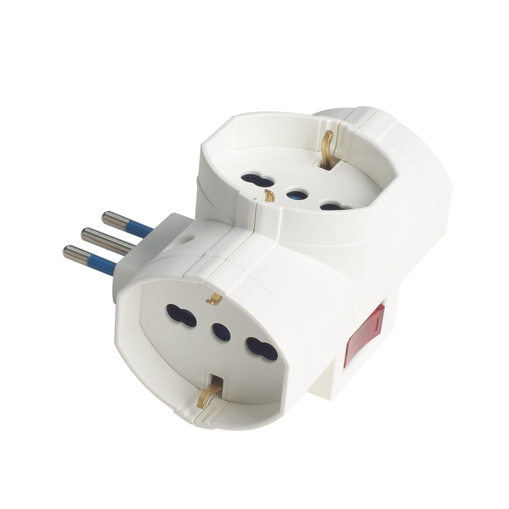 Adattatore con Interruttore Spina 10A con 3 Prese Universali Ita 10A/16A Schuko Spina Laterale Salvaspazio Bianco