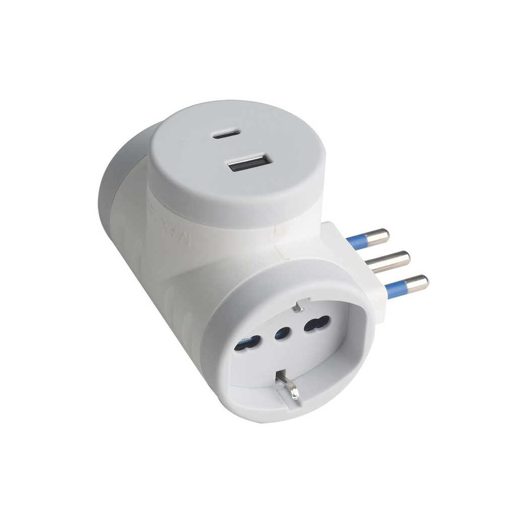 Adattatore con Spina 16A 2 Prese Universali Ita 10A/16A Schuko con 1 USB 2.4A e 1 USB C 3A 5V Carica Rapida Salvaspazio