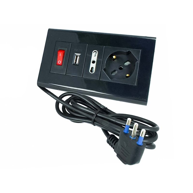 Multipresa Da Tavolo Con USB Nero 1 Presa Schuko 1 Presa Bipasso 10/16A Interruttore Spina 16A Cavo 2 Metri