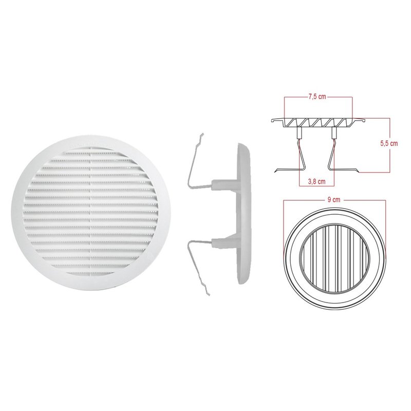 Griglia di Ventilazione Rotonda Con Molla D90mm Foro Regolabile 55-85mm Made In Italy