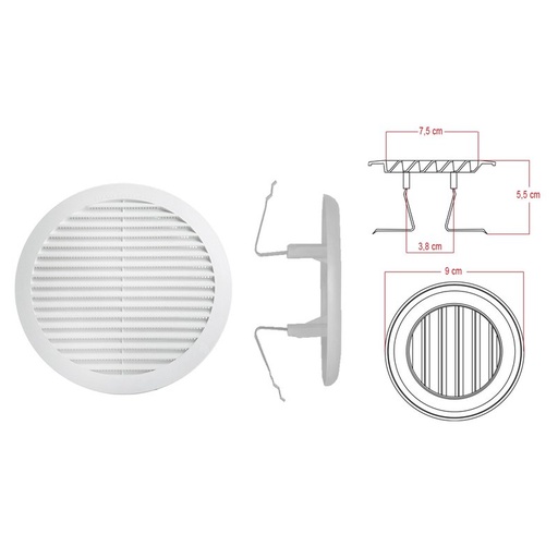 [AS703964] Griglia di Ventilazione Rotonda Con Molla D90mm Foro Regolabile 55-85mm Made In Italy