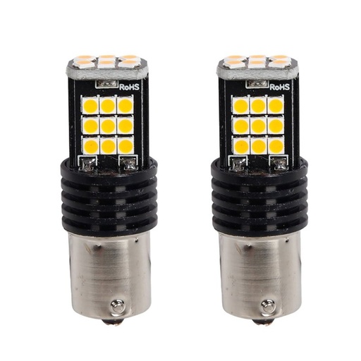 [PT200507X2] 2 Pezzi Lampada Led BA15s S25 P21W 24 SMD 3030 12V 24V 300lm 3.5W Luce Gialla Ambra Piedi Dritti H50mm