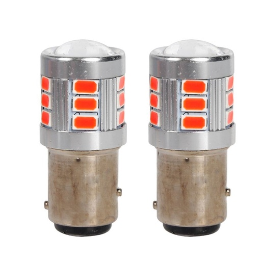 [PT200520X2] 2pz Lampada Led BAY15D S25 P21/5W 18 SMD 3030 12V 24V 300lm 1W/2.5W Doppio Filamento Rosso Piedi Sfalsati 45mm