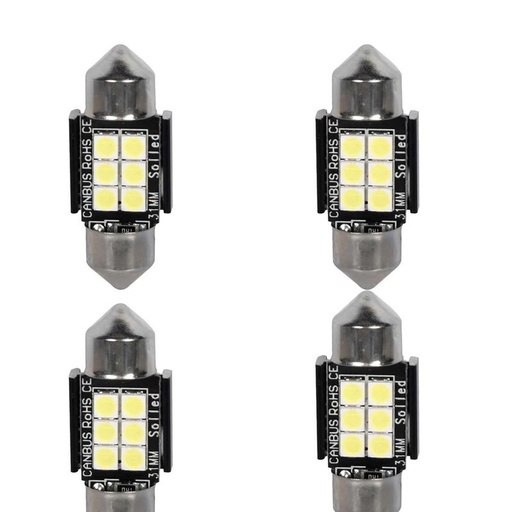 [PT200453X4] 4 Pezzi Lampada Led Siluro 31mm Canbus T11 SV8.5 C5W C10W 6 SMD 3030 12V 24V 2.5W 360lm Bianco 6500K per Auto e Camion