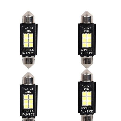 [PT200456X4] 4 Pezzi Lampada Led Siluro 41mm Canbus T11 SV8.5 C5W C10W 6 SMD 3030 12V 24V 2.5W 300lm Bianco 6500K per Auto e Camion