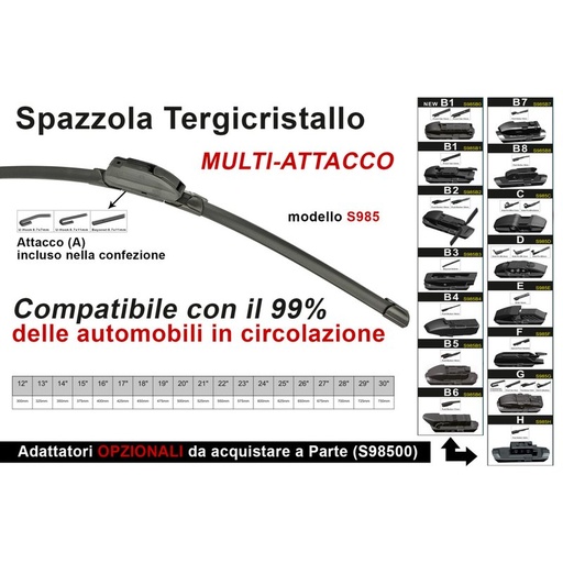 [S98512] Spazzola Tergicristallo Auto Universale S985 12" 300mm Carall 16 Attacchi Opzionale