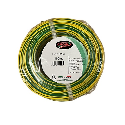 [FS17150-07] 100mt Cavo Elettrico FS17 450/750V Unipolare 1X1.5mm Colore Giallo Verde Made In Italy