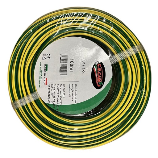 [FS17400-07] 100mt Cavo Elettrico FS17 450/750V Unipolare 1X4mm Colore Giallo Verde Made In Italy