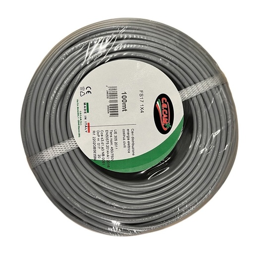 [FS17400-04] 100mt Cavo Elettrico FS17 450/750V Unipolare 1X4mm Colore Grigio Made In Italy