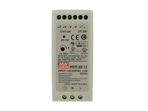 [MW-MDR-60-12] Alimentatore Rotaia Industriale MeanWell MDR-60-12 60W 12V 5A Barra Guida DIN Rail Single Power Supply Input 220V 110V