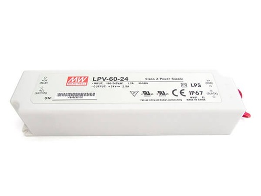 [MW-LPV-60-24] Alimentatore Trasformatore CV MeanWell Impermeabile IP67 24V 60W 2,5A LPV-60-24 Input 220V e 110V