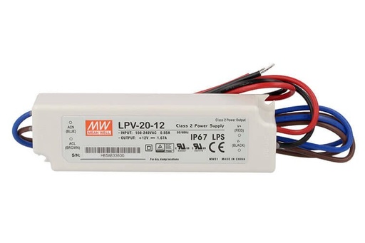 [MW-LPV-20-12] Alimentatore Trasformatore CV MeanWell LPV-20-12 Impermeabile IP67 12V 20W 1,67A Input 220V e 110V