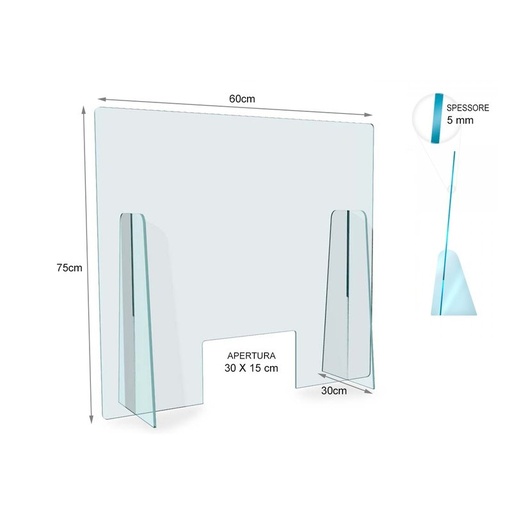 [AAA7560] Barriera Protettiva In Plexiglass H75X60L cm Per Operatore Da Banco Made In Italy