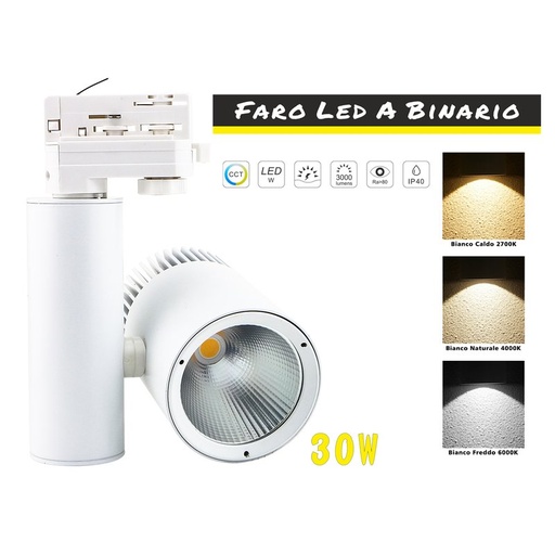 [CB837CCT] Faro Lampada Led A Binario 30W Trifase CCT CRI 90 Carcassa Bianca 2700K 4000K 6000K 3 In 1 Luce Stretta 24 Gradi