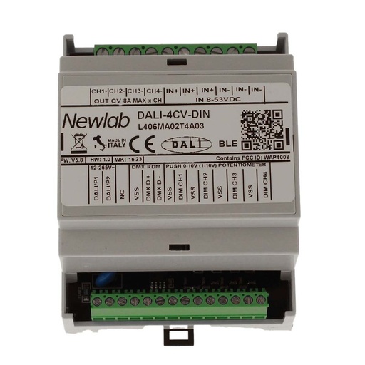 [NL-DALI-4CV-DIN] NEWLAB DALI-4CV-DIN Led Dimmer 4 Canali in Tensione 12V 24V 48V Ingresso DALI Uscita 4 PWM Da Guida DIN