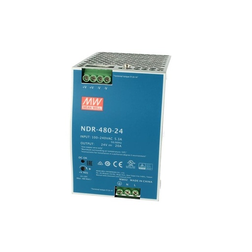 [MW-NDR-480-24] MeanWell NDR-480-24 Trasformatore Rotaia Industriale 24V 480W 20A Barra Guida DIN Rail Power Supply Input 220V 110V