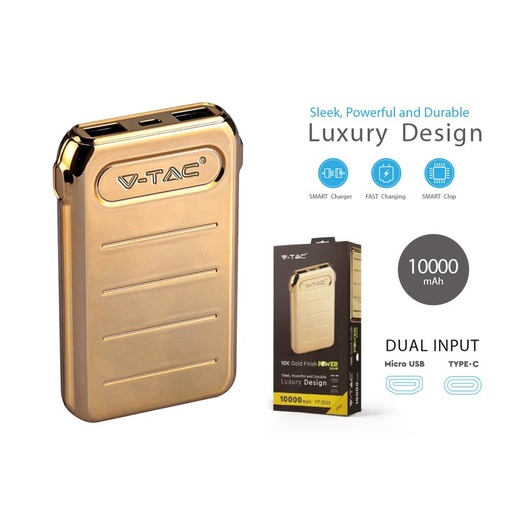 [CV8907] Portable Power Bank Gold 10000 Mah Dual USB Output e Input Micro USB e Tipo C SKU-8907