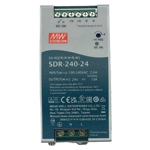 [MW-SDR-240-24] MeanWell SDR-240-24 Alimentatore DIN RAIL 240W 24V 10A Per Automazione Industriale Input 220V 110V