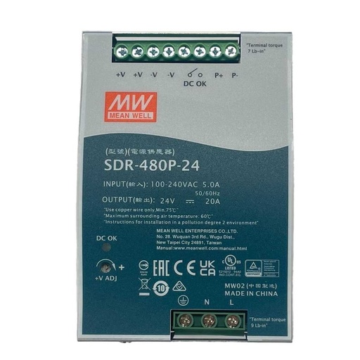 [MW-SDR-480P-24] MeanWell SDR-480P-24 Alimentatore DIN RAIL 480W 24V 20A Per Automazione Industriale Input 220V 110