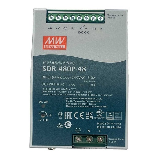 [MW-SDR-480P-48] MeanWell SDR-480P-48 Alimentatore DIN RAIL 480W 48V 10A Per Automazione Industriale Input 220V 110