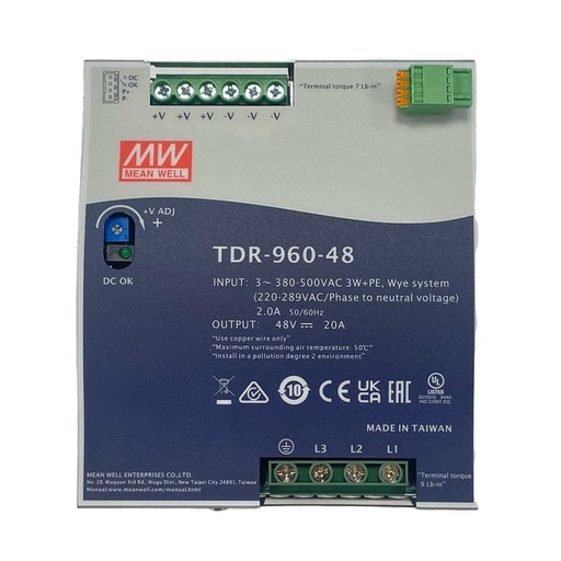 [MW-TDR-960-48] MeanWell TDR-960-48 Alimentatore DIN RAIL 960W 48V 20A Input 380V Trifase Per Uso Industriale