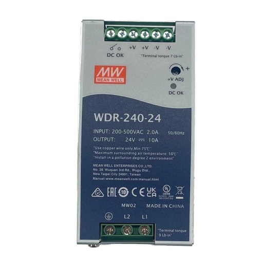 [MW-WDR-240-24] MeanWell WDR-240-24 Alimentatore Slim DIN Rail 240W 24V 10A Input 180-550V