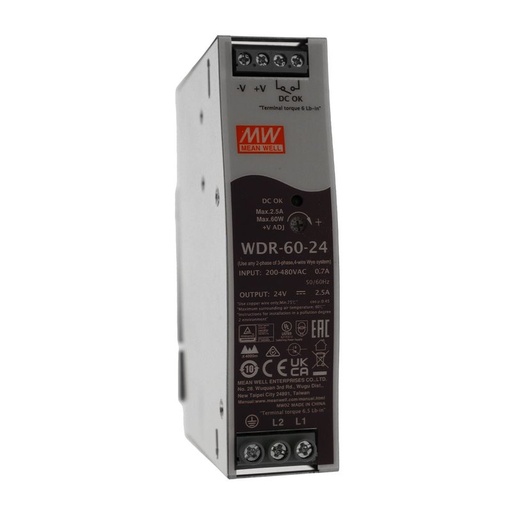 [MW-WDR-60-24] MeanWell WDR-60-24 Alimentatore Slim DIN Rail 60W 24V 2,5A Input 180-550V