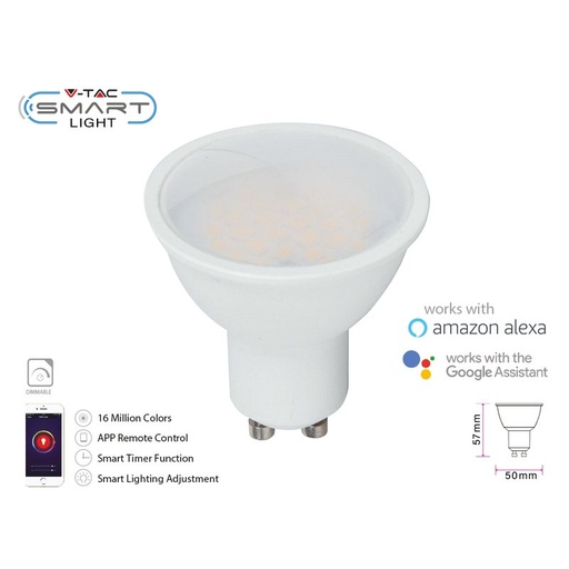 [SH02757] V-TAC Smart Lampada Faretto Led GU10 4,5W WiFi RGB CCT Dimmerabile APP Compatible Amazon Alexa Google Home SKU-2757