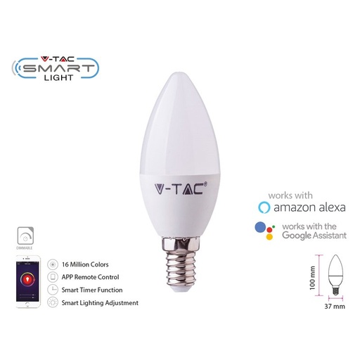 [SH02754] V-TAC Smart Lampada Led Candela E14 C37 4,5W WiFi RGB CCT Dimmerabile APP Compatible Amazon Alexa Google Home SKU-2754