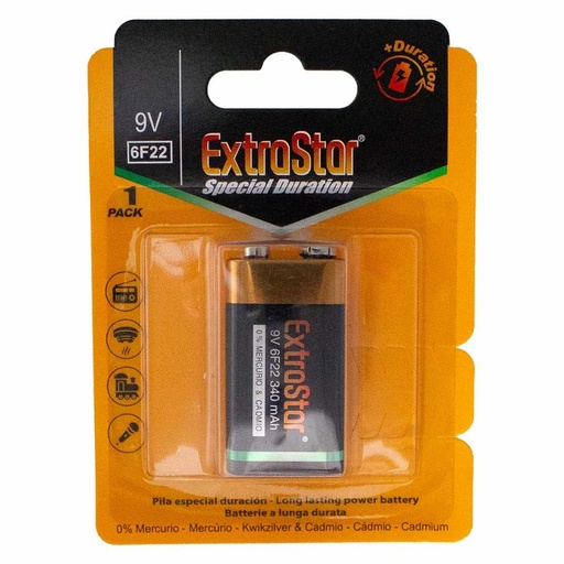 [DU160047] Pila Batteria 6F22 9V 340mAh MN1604 Super Alcalina Extrastar Confezione da 1 Pezzo