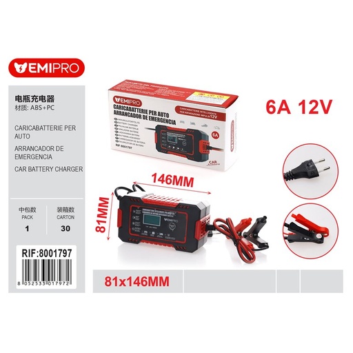 [PT301797] Caricabatterie per Auto 12V 6A Ricarica Batteria Auto Moto 12V 4Ah-100Ah Schermo LCD